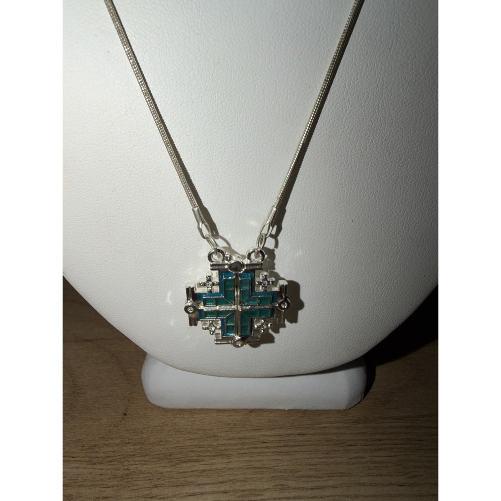 Jerusalem Cross Necklace – Silver-plated opens with 20" chain.